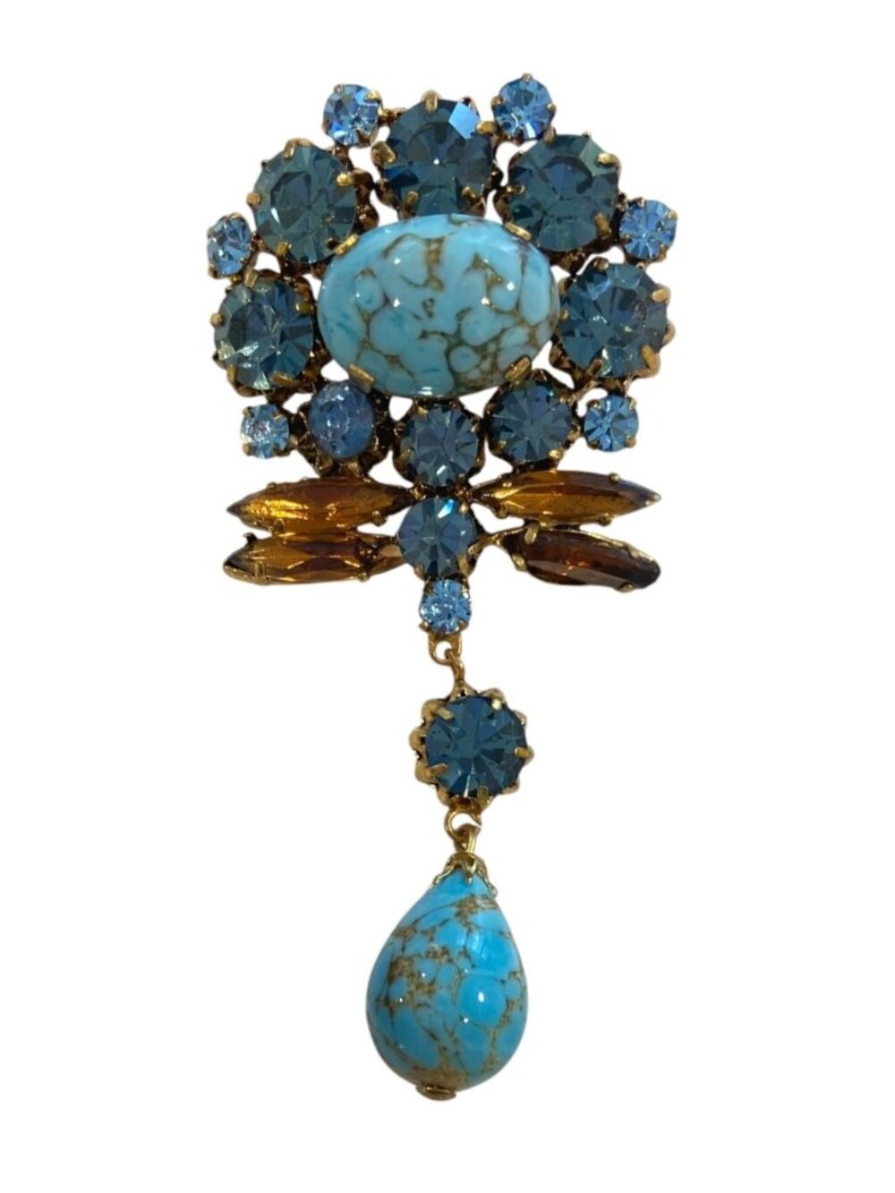 Vintage Gold-Tone Brooch With Blue Rhinestones & Faux Turquoise Teardrop Pendant